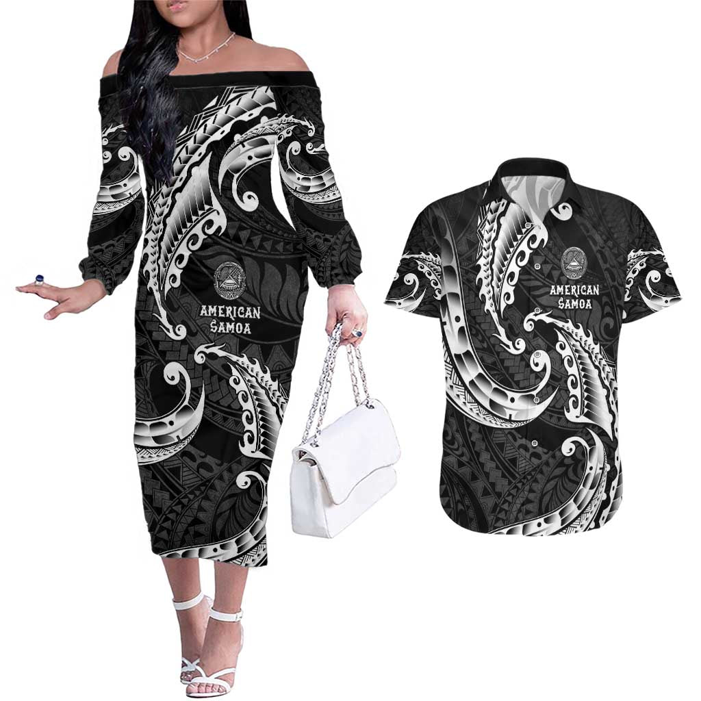 AAPI Heritage Month Couples Matching Off The Shoulder Long Sleeve Dress and Hawaiian Shirt American Samoa Polynesian Tribal Wave