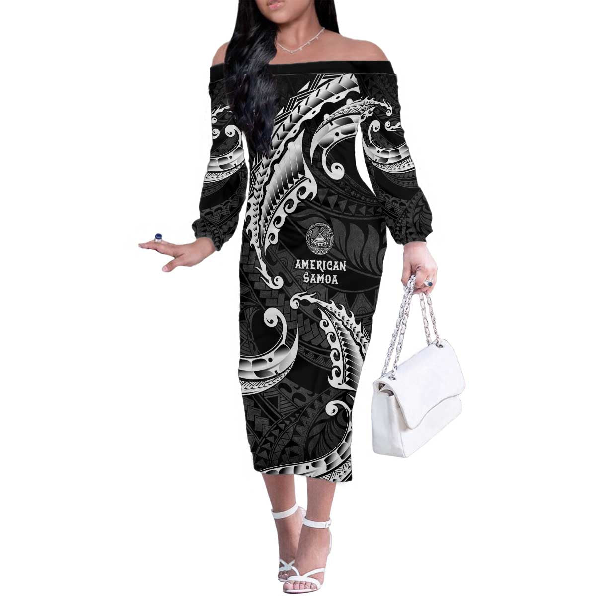 AAPI Heritage Month Family Matching Off The Shoulder Long Sleeve Dress and Hawaiian Shirt American Samoa Polynesian Tribal Wave
