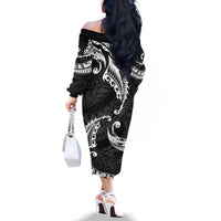 AAPI Heritage Month Family Matching Off The Shoulder Long Sleeve Dress and Hawaiian Shirt American Samoa Polynesian Tribal Wave