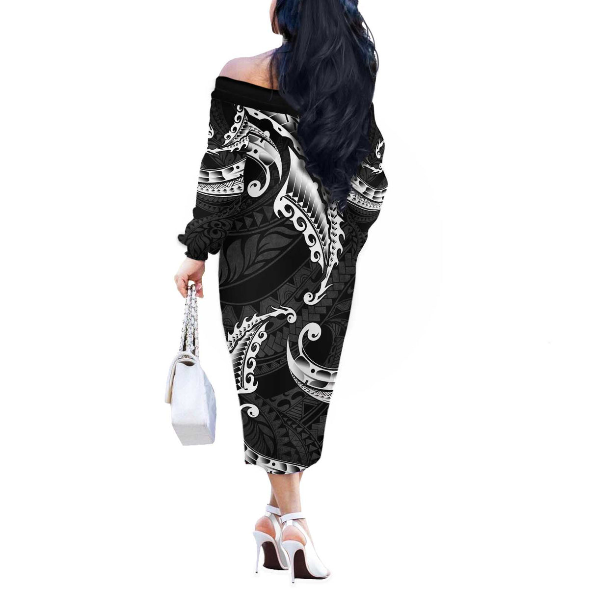 AAPI Heritage Month Off The Shoulder Long Sleeve Dress American Samoa Polynesian Tribal Wave