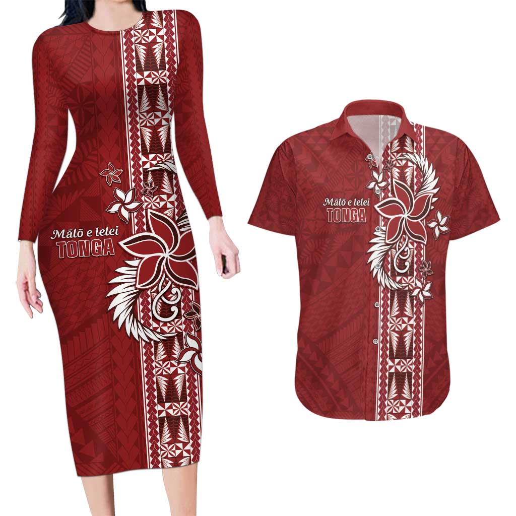 Tonga Language Week Couples Matching Long Sleeve Bodycon Dress and Hawaiian Shirt Malo e Lelei Kupesi Ngatu Pattern LT05 Red - Polynesian Pride