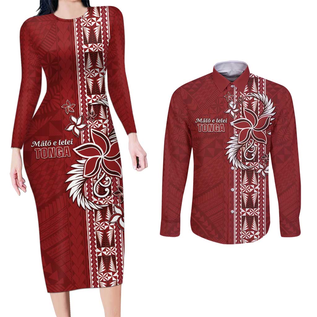 Tonga Language Week Couples Matching Long Sleeve Bodycon Dress and Long Sleeve Button Shirt Malo e Lelei Kupesi Ngatu Pattern LT05 Red - Polynesian Pride