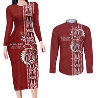 Tonga Language Week Couples Matching Long Sleeve Bodycon Dress and Long Sleeve Button Shirt Malo e Lelei Kupesi Ngatu Pattern LT05 Red - Polynesian Pride