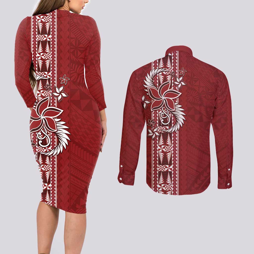 Tonga Language Week Couples Matching Long Sleeve Bodycon Dress and Long Sleeve Button Shirt Malo e Lelei Kupesi Ngatu Pattern LT05 - Polynesian Pride