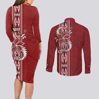 Tonga Language Week Couples Matching Long Sleeve Bodycon Dress and Long Sleeve Button Shirt Malo e Lelei Kupesi Ngatu Pattern LT05 - Polynesian Pride
