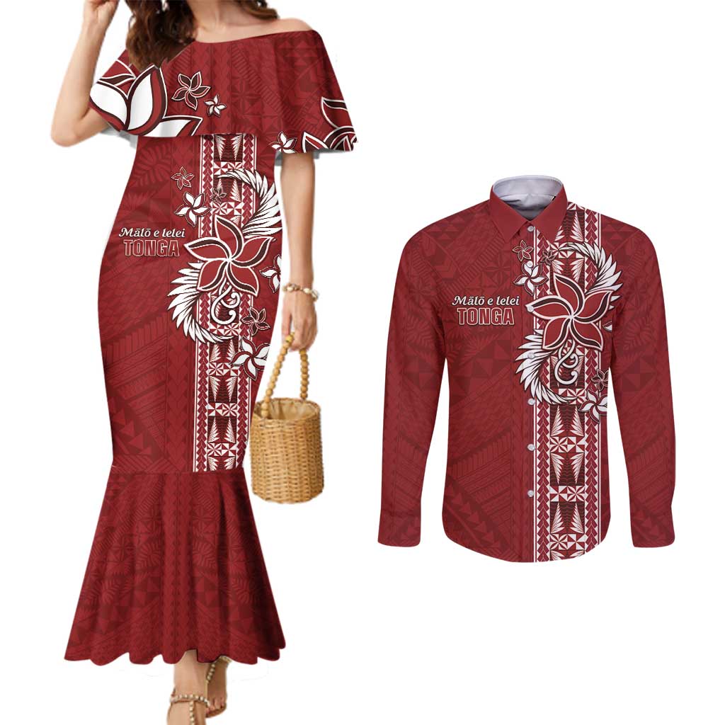 Tonga Language Week Couples Matching Mermaid Dress and Long Sleeve Button Shirt Malo e Lelei Kupesi Ngatu Pattern LT05 Red - Polynesian Pride