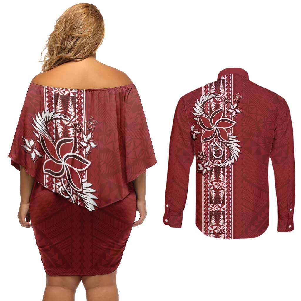 Tonga Language Week Couples Matching Off Shoulder Short Dress and Long Sleeve Button Shirt Malo e Lelei Kupesi Ngatu Pattern