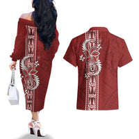 Tonga Language Week Couples Matching Off The Shoulder Long Sleeve Dress and Hawaiian Shirt Malo e Lelei Kupesi Ngatu Pattern LT05 - Polynesian Pride