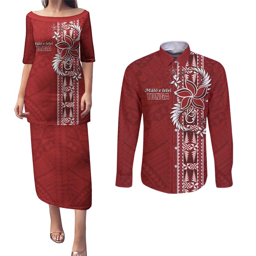 Tonga Language Week Couples Matching Puletasi and Long Sleeve Button Shirt Malo e Lelei Kupesi Ngatu Pattern LT05 Red - Polynesian Pride