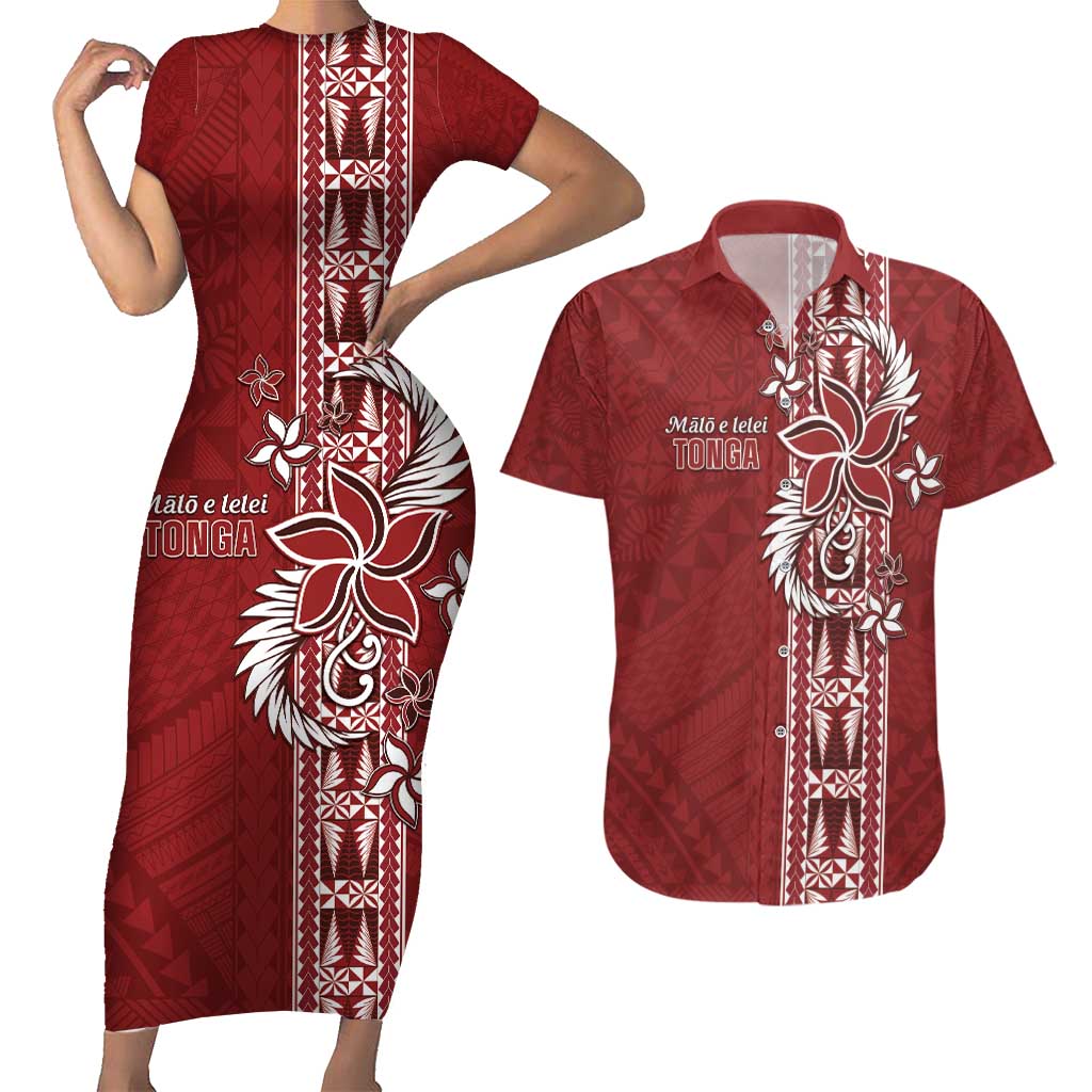 Tonga Language Week Couples Matching Short Sleeve Bodycon Dress and Hawaiian Shirt Malo e Lelei Kupesi Ngatu Pattern LT05 Red - Polynesian Pride