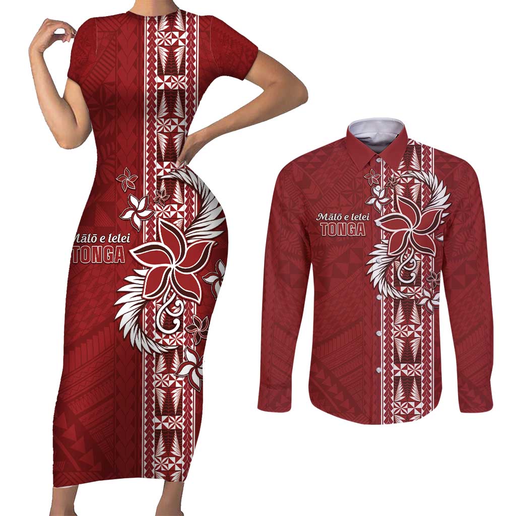 Tonga Language Week Couples Matching Short Sleeve Bodycon Dress and Long Sleeve Button Shirt Malo e Lelei Kupesi Ngatu Pattern LT05 Red - Polynesian Pride