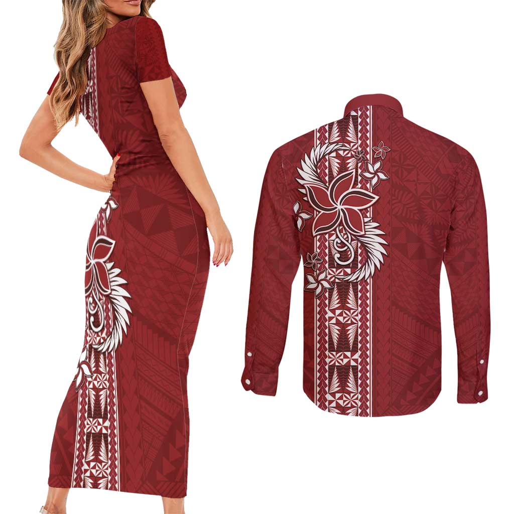 Tonga Language Week Couples Matching Short Sleeve Bodycon Dress and Long Sleeve Button Shirt Malo e Lelei Kupesi Ngatu Pattern LT05 - Polynesian Pride