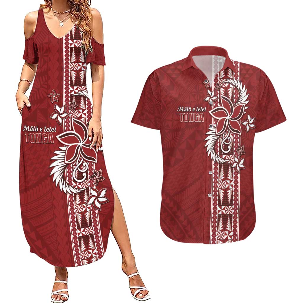 Tonga Language Week Couples Matching Summer Maxi Dress and Hawaiian Shirt Malo e Lelei Kupesi Ngatu Pattern LT05 Red - Polynesian Pride