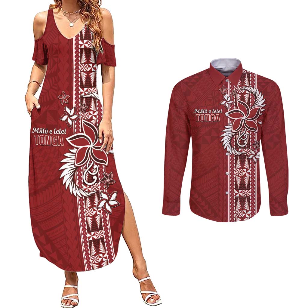 Tonga Language Week Couples Matching Summer Maxi Dress and Long Sleeve Button Shirt Malo e Lelei Kupesi Ngatu Pattern LT05 Red - Polynesian Pride