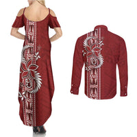 Tonga Language Week Couples Matching Summer Maxi Dress and Long Sleeve Button Shirt Malo e Lelei Kupesi Ngatu Pattern LT05 - Polynesian Pride