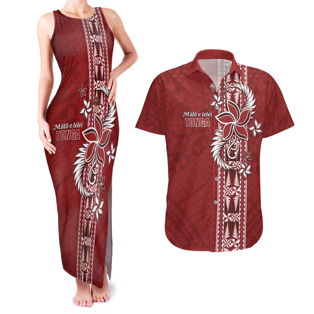 Tonga Language Week Couples Matching Tank Maxi Dress and Hawaiian Shirt Malo e Lelei Kupesi Ngatu Pattern LT05 Red - Polynesian Pride