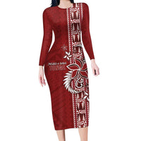 Tonga Language Week Family Matching Long Sleeve Bodycon Dress and Hawaiian Shirt Malo e Lelei Kupesi Ngatu Pattern LT05 Mom's Dress Red - Polynesian Pride