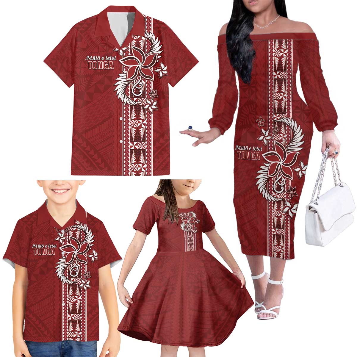 Tonga Language Week Family Matching Off The Shoulder Long Sleeve Dress and Hawaiian Shirt Malo e Lelei Kupesi Ngatu Pattern LT05 - Polynesian Pride