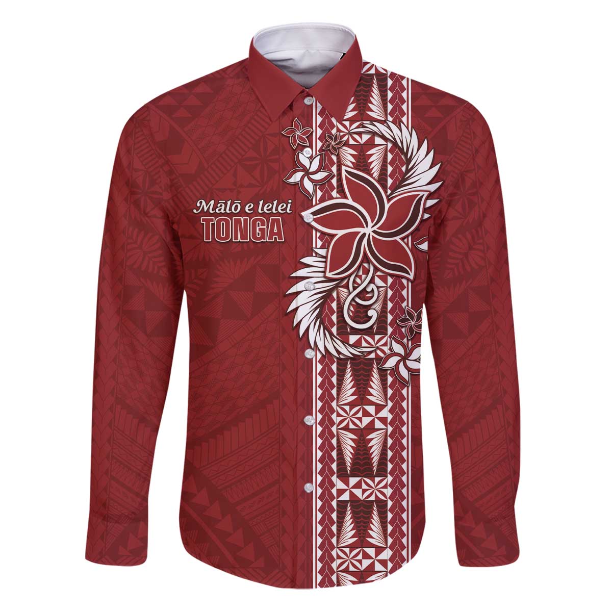 Tonga Language Week Family Matching Puletasi and Hawaiian Shirt Malo e Lelei Kupesi Ngatu Pattern LT05 Dad's Shirt - Long Sleeve Red - Polynesian Pride