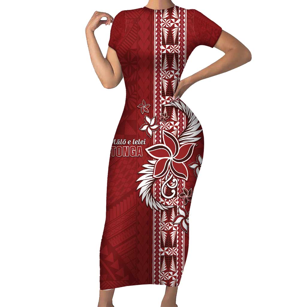 Tonga Language Week Family Matching Short Sleeve Bodycon Dress and Hawaiian Shirt Malo e Lelei Kupesi Ngatu Pattern LT05 Mom's Dress Red - Polynesian Pride