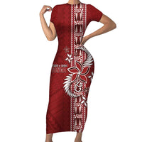 Tonga Language Week Family Matching Short Sleeve Bodycon Dress and Hawaiian Shirt Malo e Lelei Kupesi Ngatu Pattern LT05 Mom's Dress Red - Polynesian Pride