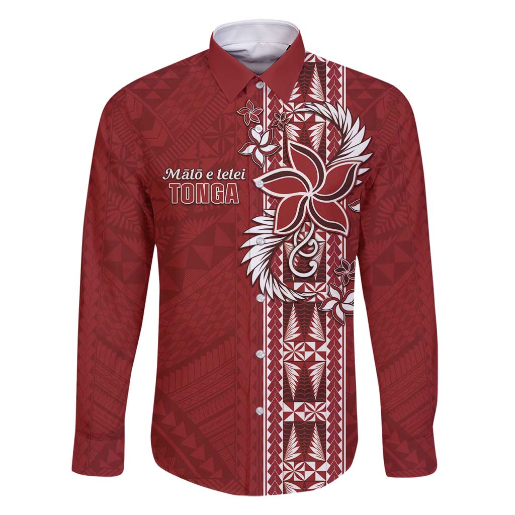 Tonga Language Week Family Matching Tank Maxi Dress and Hawaiian Shirt Malo e Lelei Kupesi Ngatu Pattern LT05 Dad's Shirt - Long Sleeve Red - Polynesian Pride