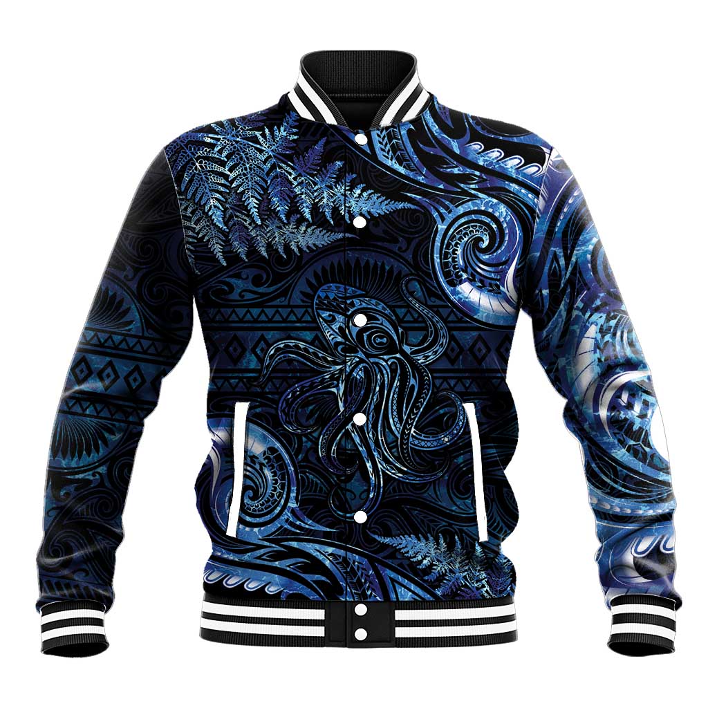 Aotearoa New Zealand Octopus Baseball Jacket Silver Fern Maori Pattern LT05 Unisex Blue - Polynesian Pride