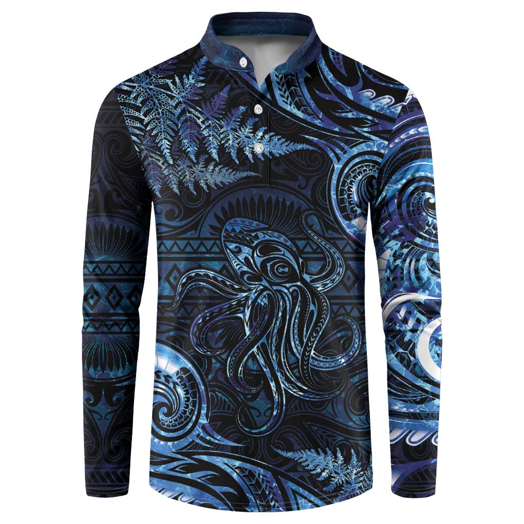 Aotearoa New Zealand Octopus Button Sweatshirt Silver Fern Maori Pattern LT05 Blue - Polynesian Pride