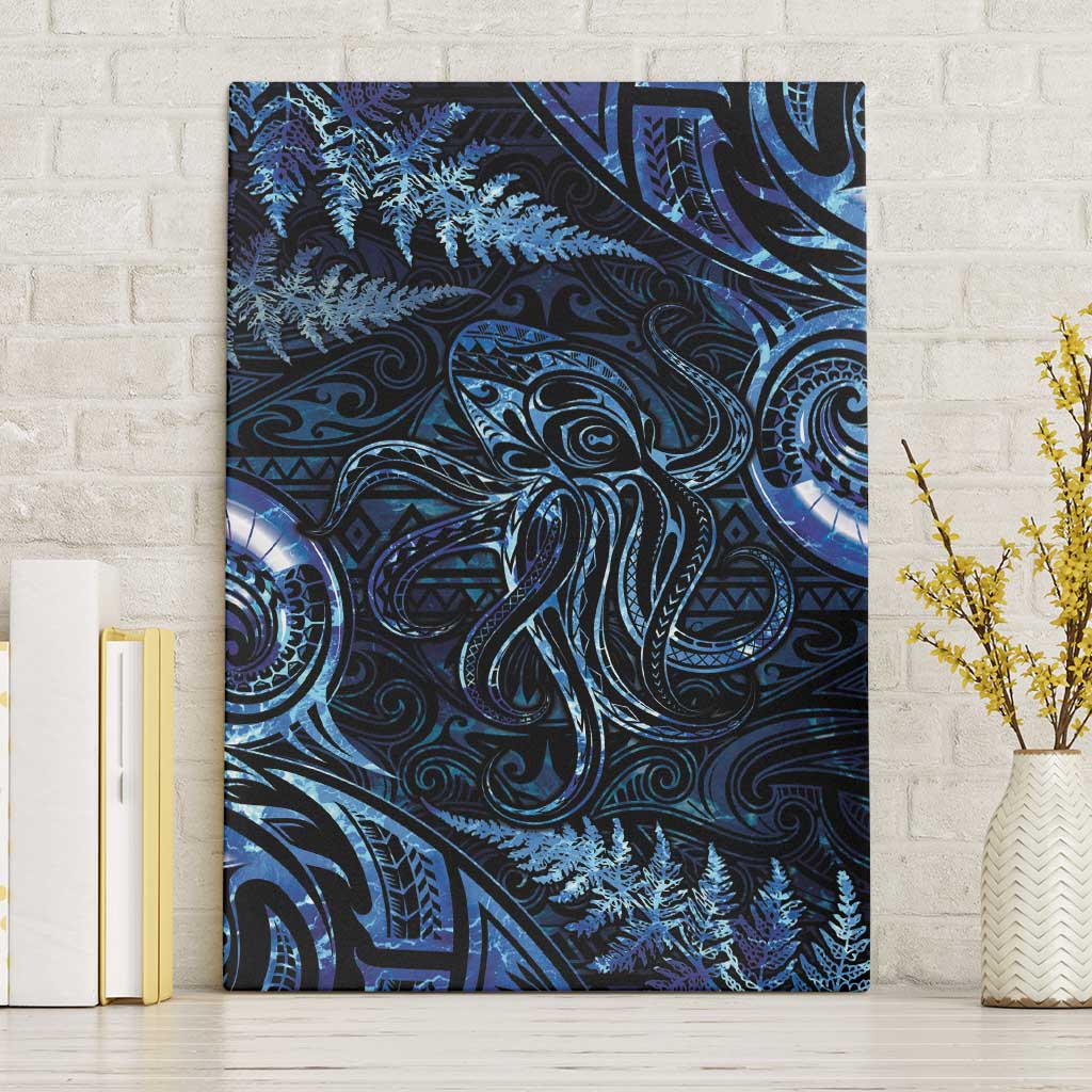 Aotearoa New Zealand Octopus Canvas Wall Art Silver Fern Maori Pattern LT05 Without Frame Blue - Polynesian Pride