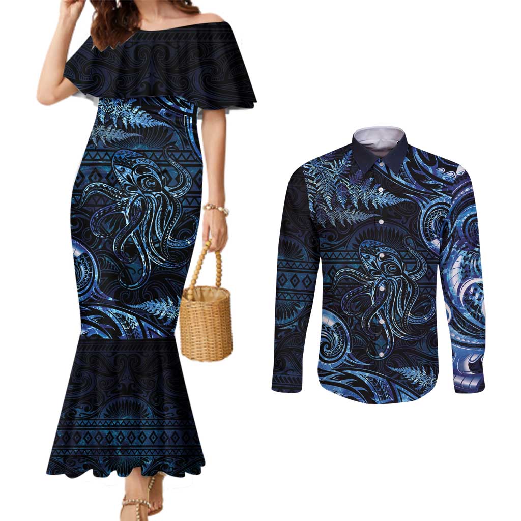Aotearoa New Zealand Octopus Couples Matching Mermaid Dress and Long Sleeve Button Shirt Silver Fern Maori Pattern LT05 Blue - Polynesian Pride