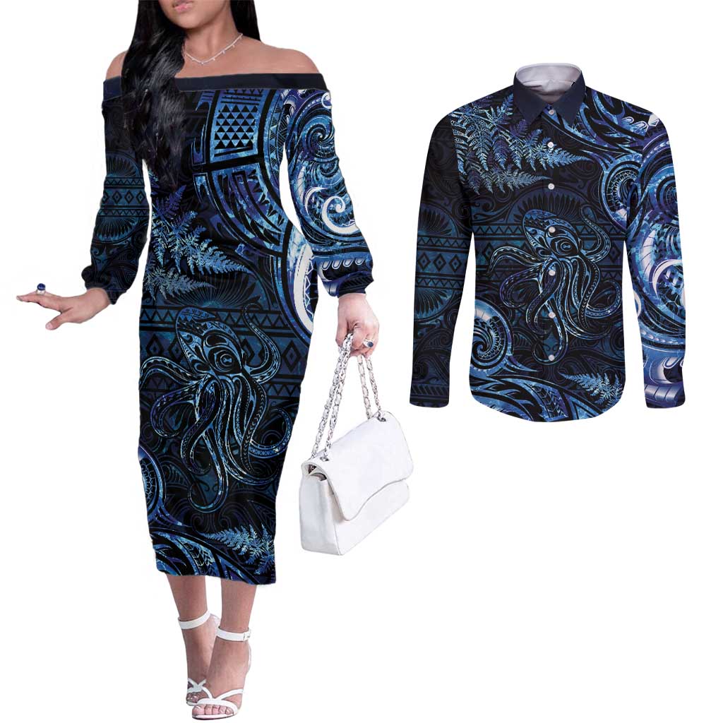 Aotearoa New Zealand Octopus Couples Matching Off The Shoulder Long Sleeve Dress and Long Sleeve Button Shirt Silver Fern Maori Pattern