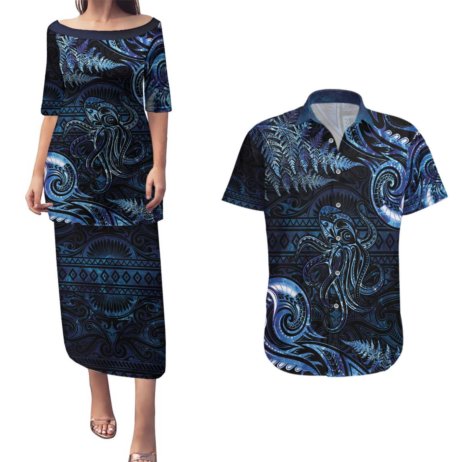 Aotearoa New Zealand Octopus Couples Matching Puletasi and Hawaiian Shirt Silver Fern Maori Pattern LT05 Blue - Polynesian Pride