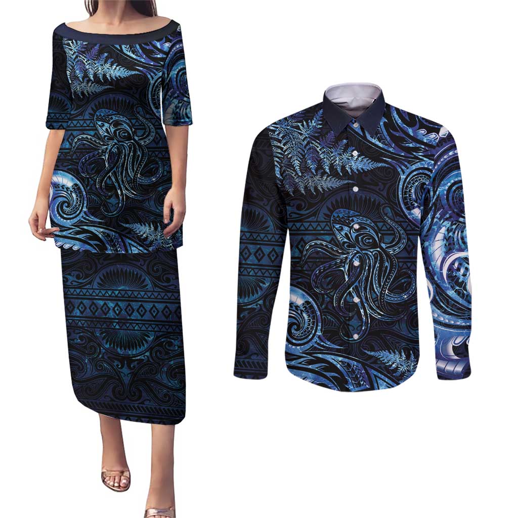 Aotearoa New Zealand Octopus Couples Matching Puletasi and Long Sleeve Button Shirt Silver Fern Maori Pattern LT05 Blue - Polynesian Pride