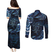 Aotearoa New Zealand Octopus Couples Matching Puletasi and Long Sleeve Button Shirt Silver Fern Maori Pattern LT05 - Polynesian Pride