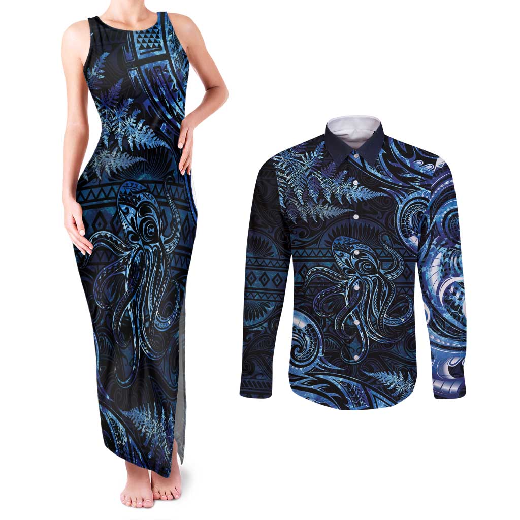 Aotearoa New Zealand Octopus Couples Matching Tank Maxi Dress and Long Sleeve Button Shirt Silver Fern Maori Pattern LT05 Blue - Polynesian Pride