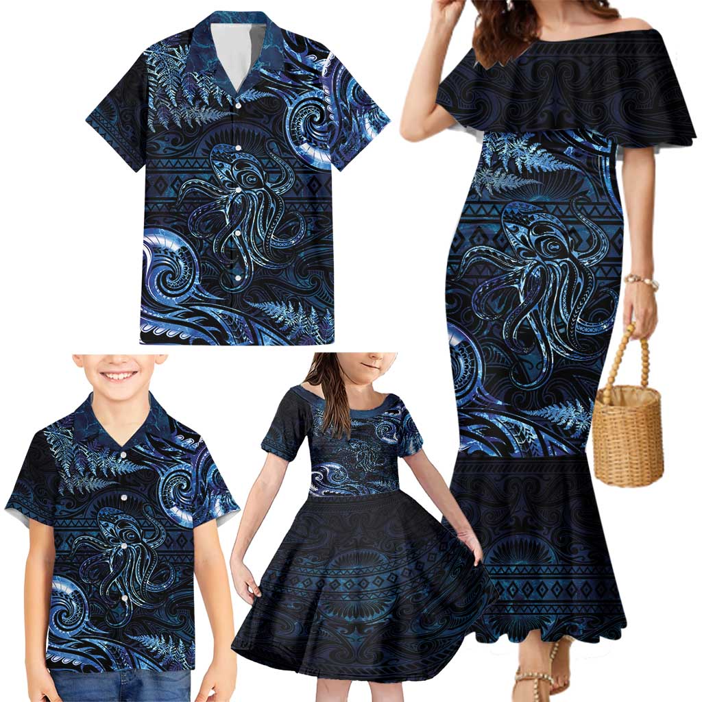 Aotearoa New Zealand Octopus Family Matching Mermaid Dress and Hawaiian Shirt Silver Fern Maori Pattern