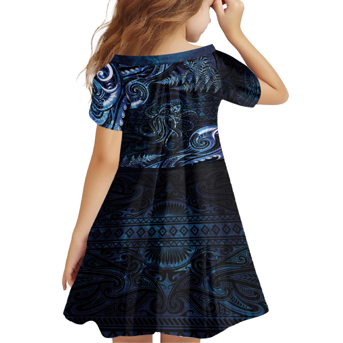 Aotearoa New Zealand Octopus Family Matching Off The Shoulder Long Sleeve Dress and Hawaiian Shirt Silver Fern Maori Pattern LT05 - Polynesian Pride