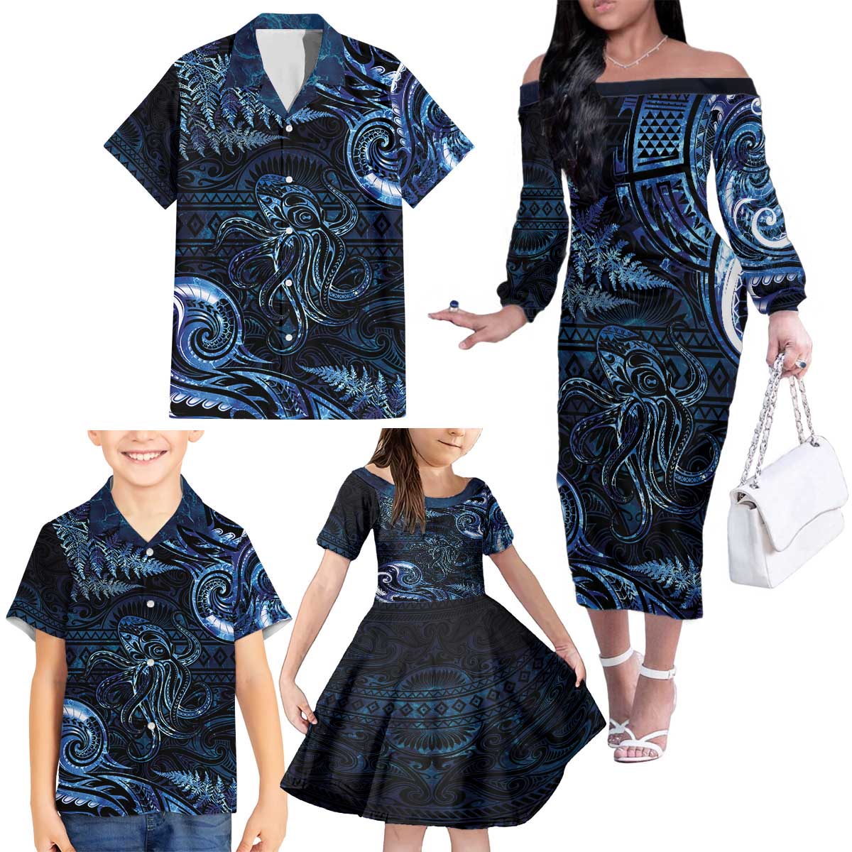 Aotearoa New Zealand Octopus Family Matching Off The Shoulder Long Sleeve Dress and Hawaiian Shirt Silver Fern Maori Pattern