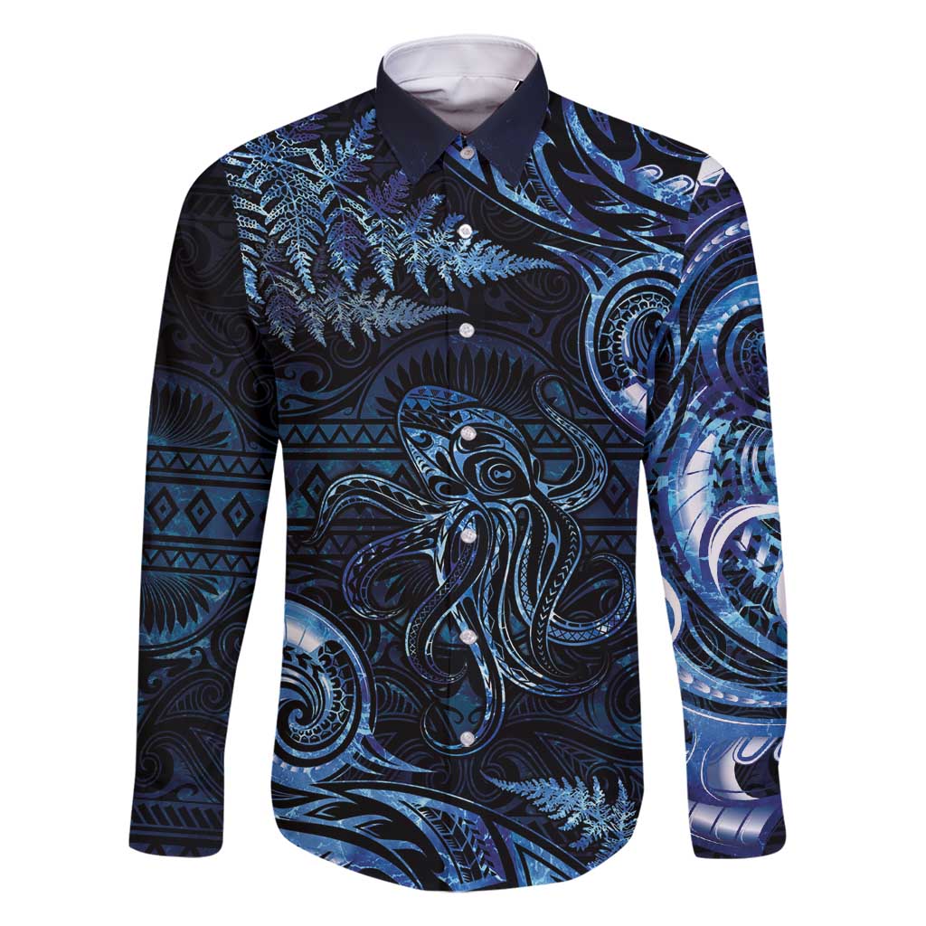 Aotearoa New Zealand Octopus Family Matching Tank Maxi Dress and Hawaiian Shirt Silver Fern Maori Pattern LT05 Dad's Shirt - Long Sleeve Blue - Polynesian Pride