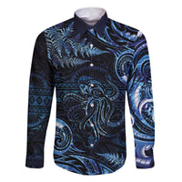 Aotearoa New Zealand Octopus Family Matching Tank Maxi Dress and Hawaiian Shirt Silver Fern Maori Pattern LT05 Dad's Shirt - Long Sleeve Blue - Polynesian Pride