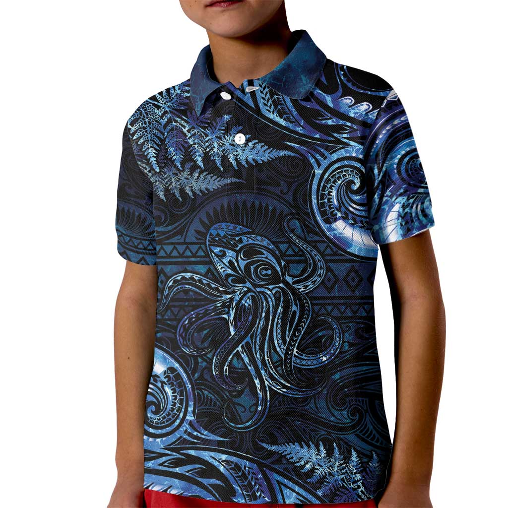 Aotearoa New Zealand Octopus Kid Polo Shirt Silver Fern Maori Pattern