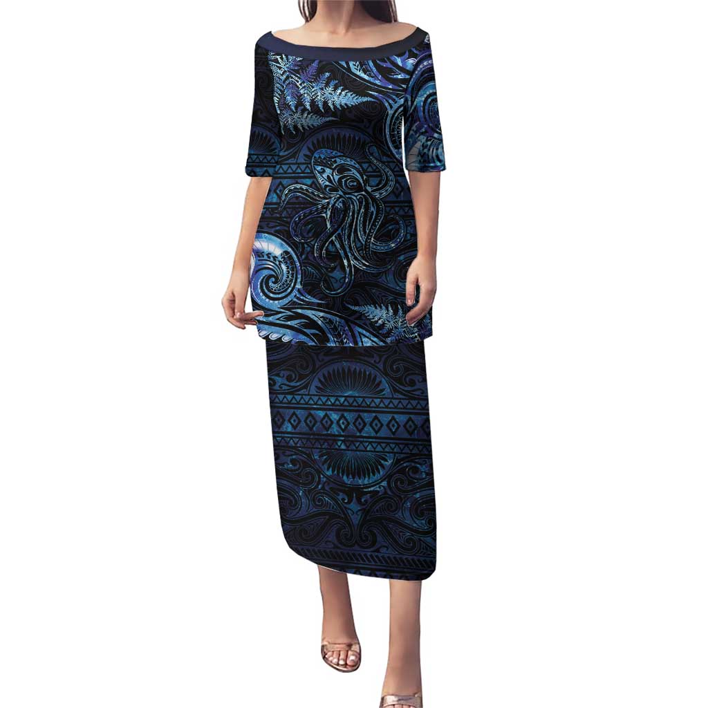 Aotearoa New Zealand Octopus Puletasi Silver Fern Maori Pattern LT05 Long Dress Blue - Polynesian Pride