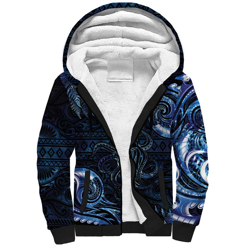 Aotearoa New Zealand Octopus Sherpa Hoodie Silver Fern Maori Pattern LT05 Unisex Blue - Polynesian Pride