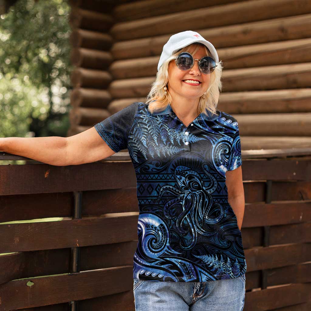 Aotearoa New Zealand Octopus Women Polo Shirt Silver Fern Maori Pattern