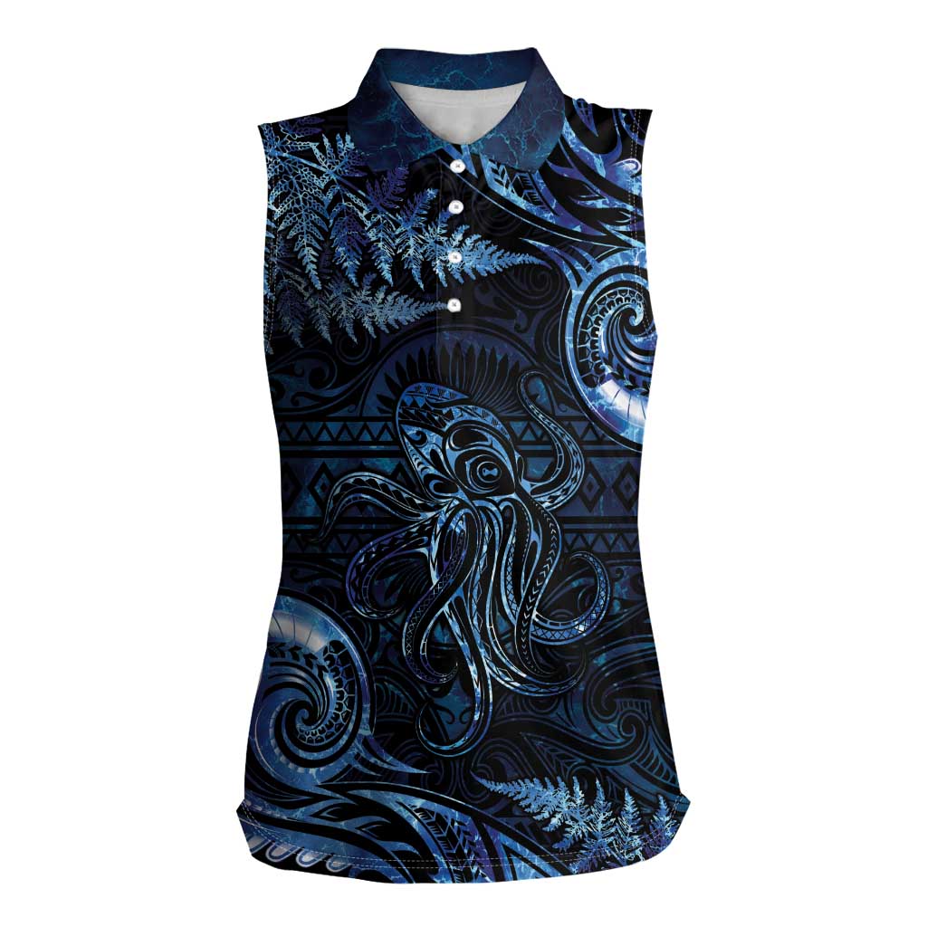 Aotearoa New Zealand Octopus Women Sleeveless Polo Shirt Silver Fern Maori Pattern