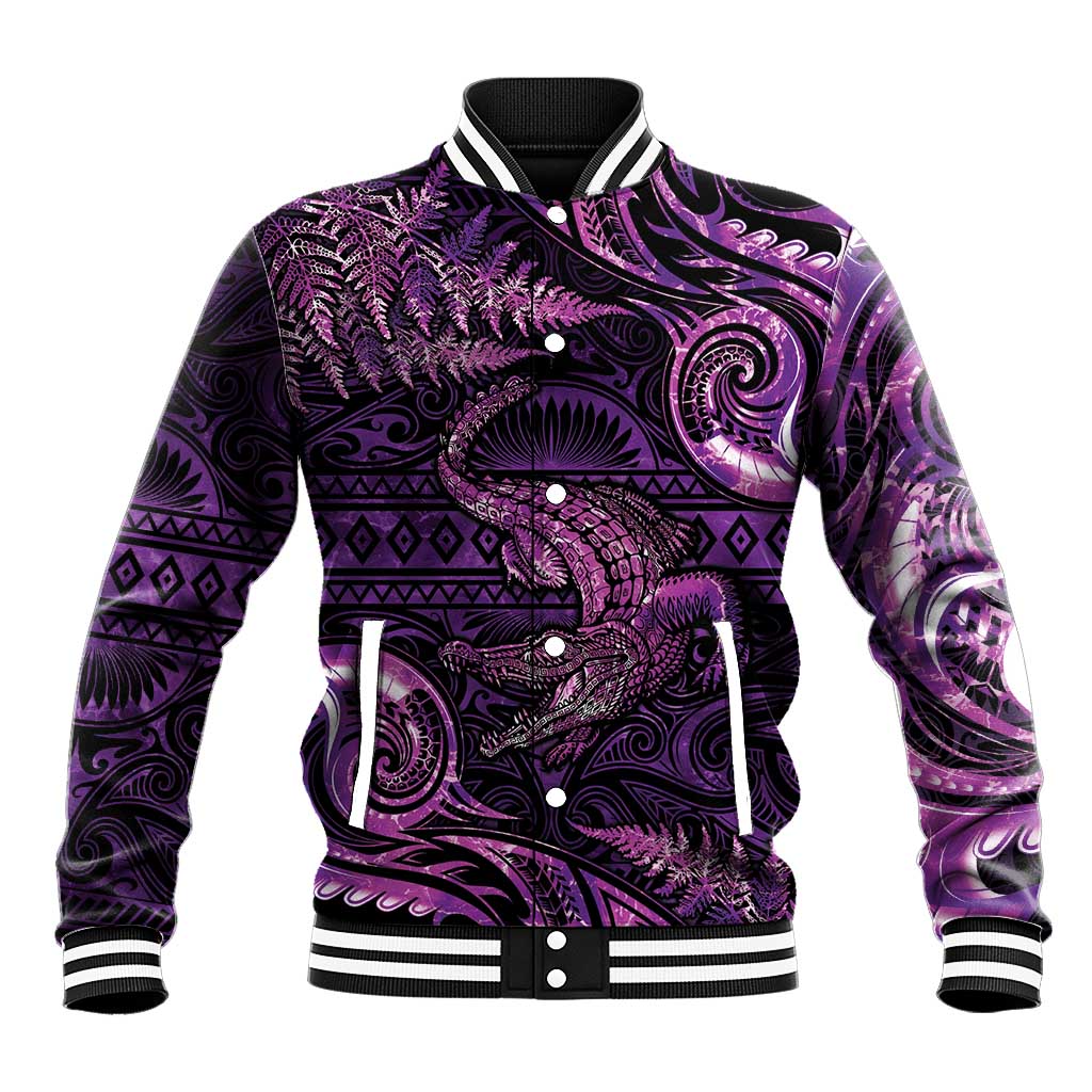 Aotearoa New Zealand Crocodile Baseball Jacket Silver Fern Maori Pattern LT05 Unisex Purple - Polynesian Pride