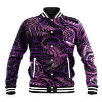 Aotearoa New Zealand Crocodile Baseball Jacket Silver Fern Maori Pattern LT05 Unisex Purple - Polynesian Pride