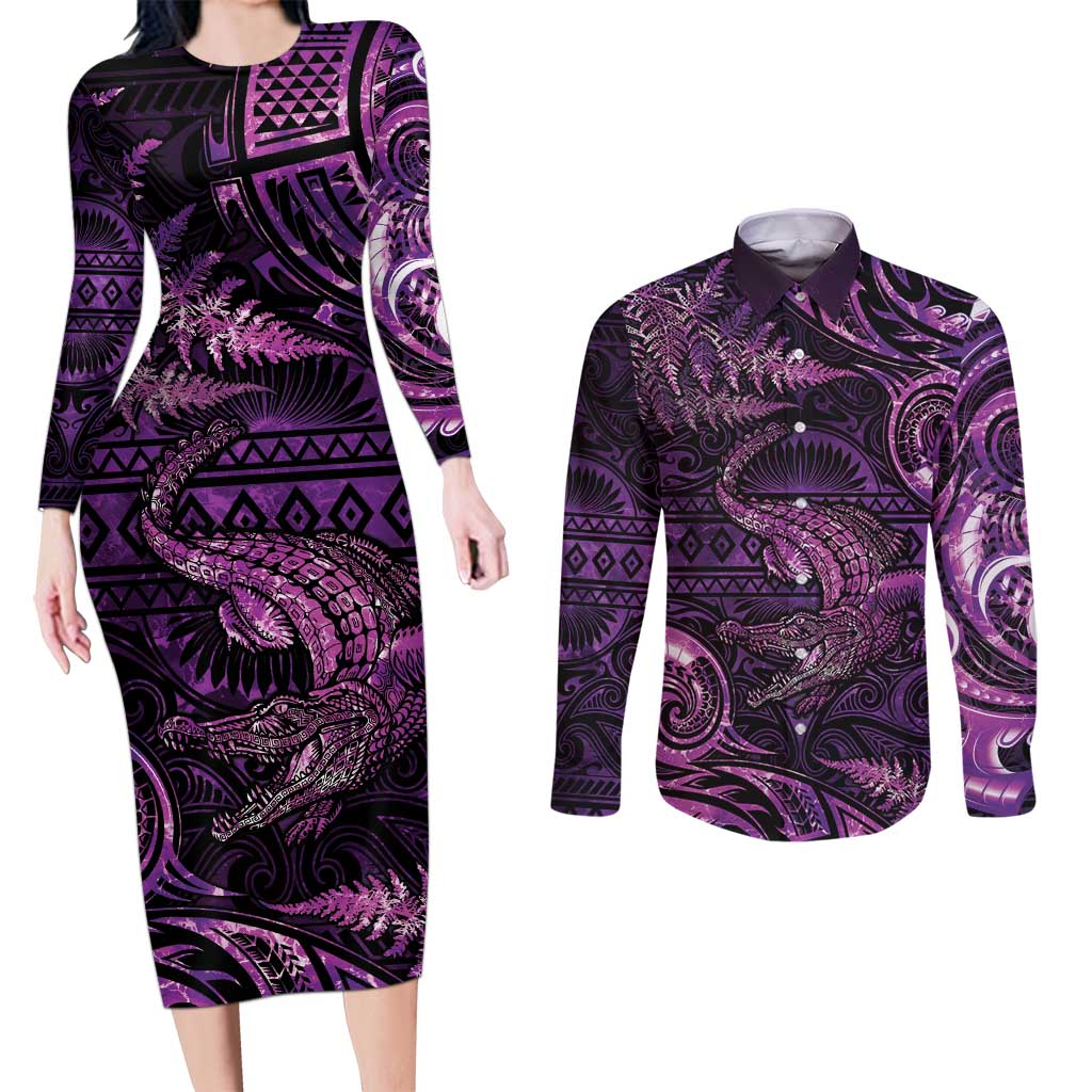 Aotearoa New Zealand Crocodile Couples Matching Long Sleeve Bodycon Dress and Long Sleeve Button Shirt Silver Fern Maori Pattern