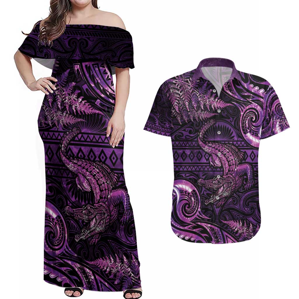 Aotearoa New Zealand Crocodile Couples Matching Off Shoulder Maxi Dress and Hawaiian Shirt Silver Fern Maori Pattern