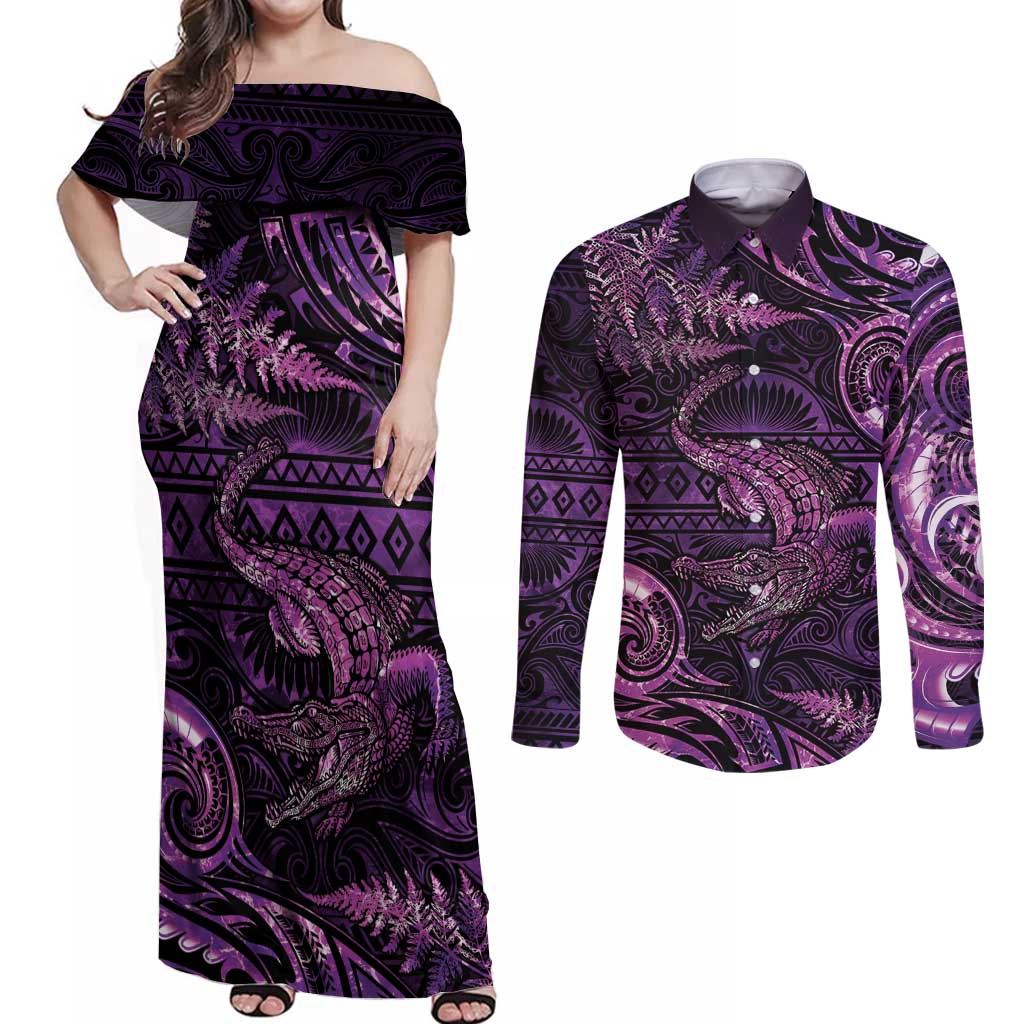 Aotearoa New Zealand Crocodile Couples Matching Off Shoulder Maxi Dress and Long Sleeve Button Shirt Silver Fern Maori Pattern LT05 Purple - Polynesian Pride